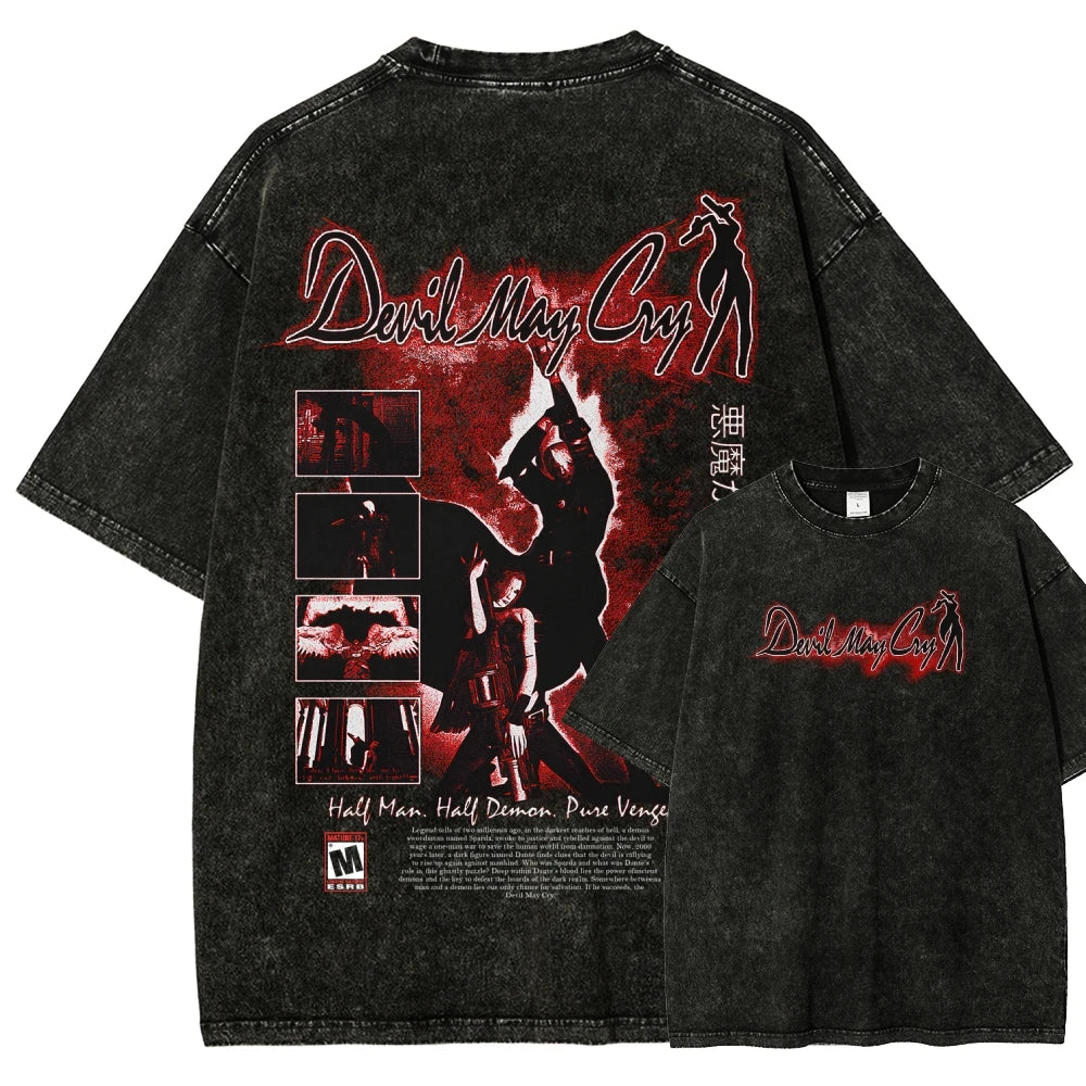 Devil May Cry Washed T-shirt 2026 New Model personality Clothes shirt Year round clothing Streetwear Trendy high quality Couples