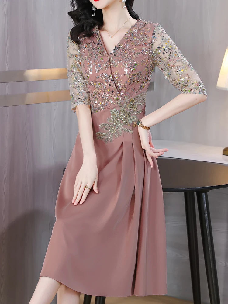 Summer New Sequins Luxury Chic Evening Wedding Dress 2024 Women's Elegant Bodycon Midi Dress Satin Vintage Casual Party Vestidos