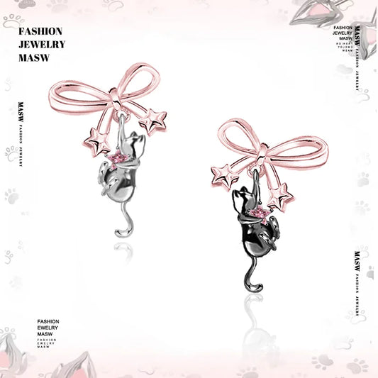 MASW Original Design Luxury Temperament Pink Bowknot Cats Earrings For Women 2025 Trend New Fashion Jewelry Accessories