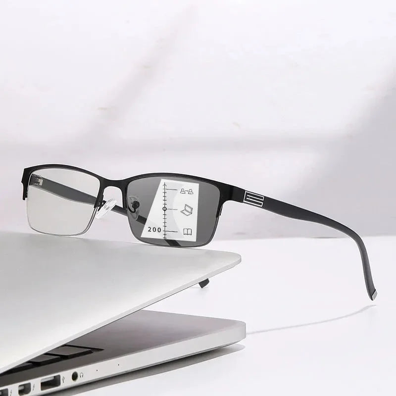Photochromic Multifocal Reading Glasses Business Half Frame Presbyopia Eyewear Classic Color Changing Anti Blue Light Eyeglasses