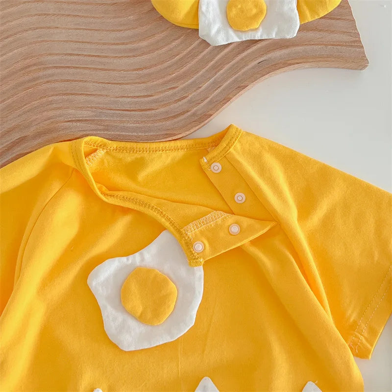 Summer Baby Newborn Romper Fried Egg with Headband Yellow Toddler Clothing Short Sleeve Infant Bodysuit Set 0-2Y Cute Jumpsuit