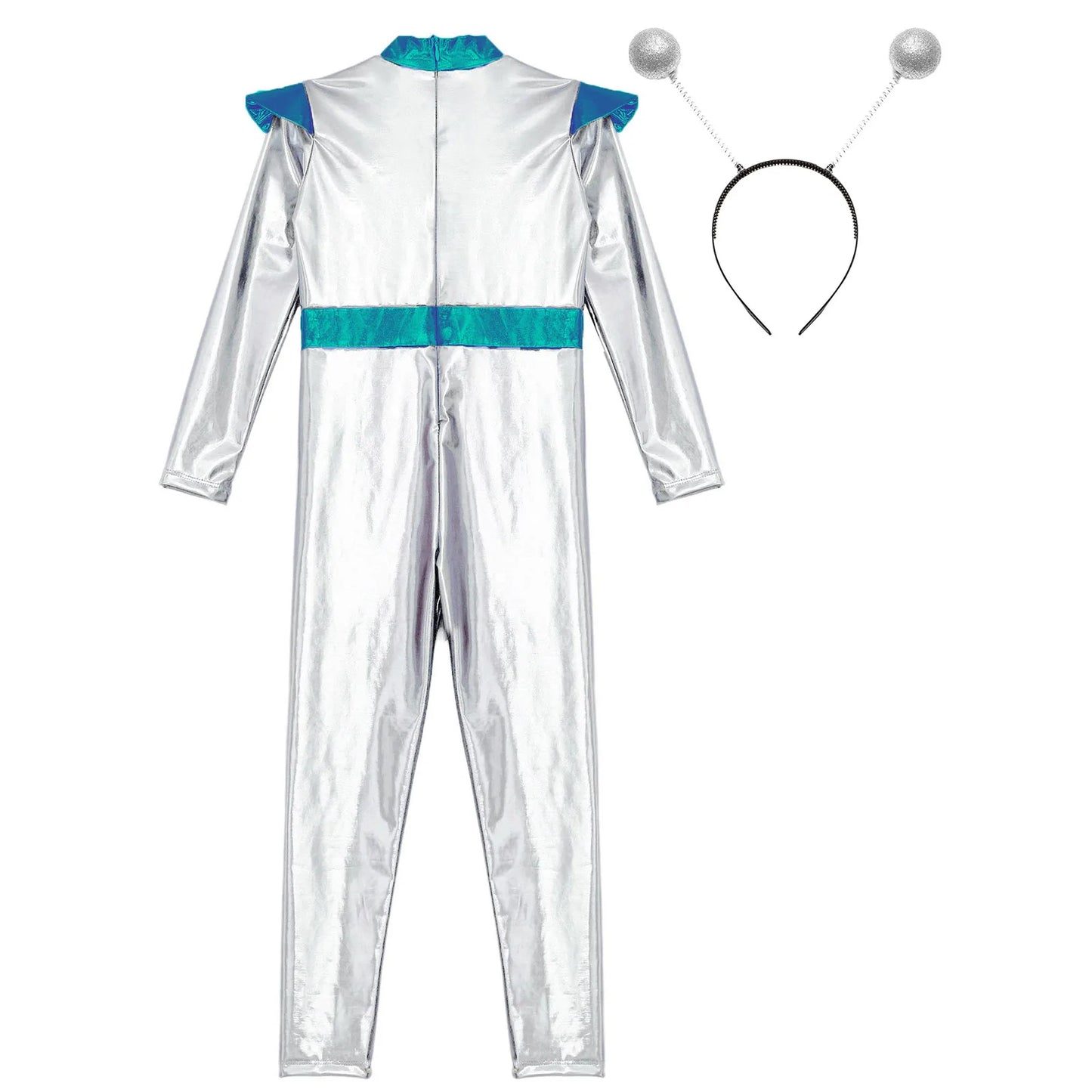 Kids Boys Girls Halloween Carnival Alien Cosplay Performance Costume Long Sleeve Metallic Shiny Space Jumpsuit with Hair Hoop