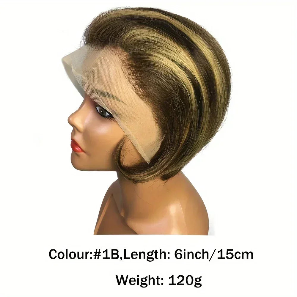 13x4 Lace Front Pixie Cut Bob Wig Highlight Honey Blonde Ombre Brazilian Remy Human Hair Pre‑Plucked Natural Hairline Soft