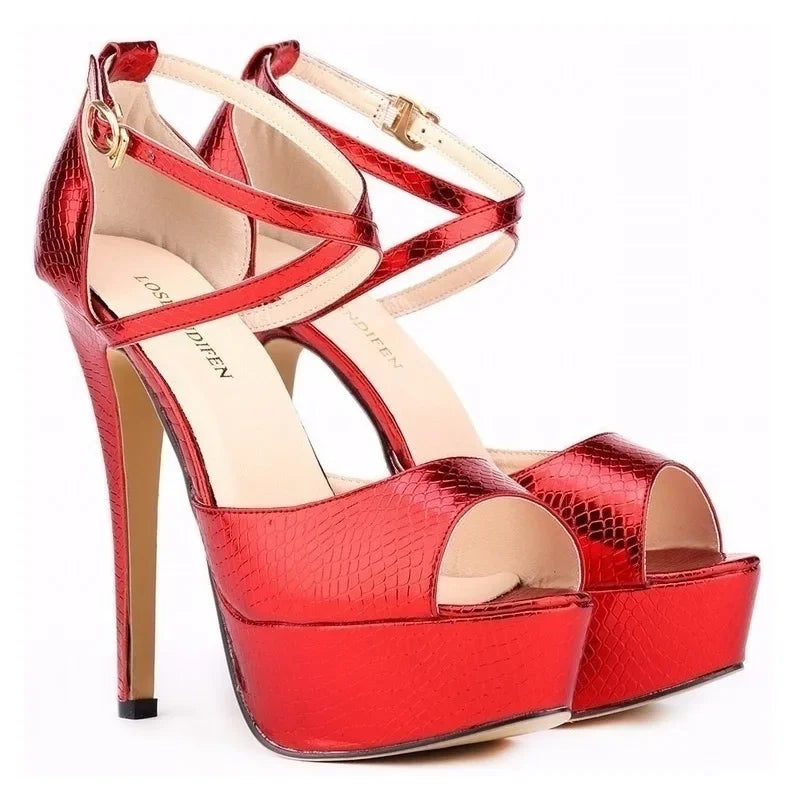 Women Sandals Stilettos Summer Sexy Peep Toe Leather Buckle Platform Pumps 14cm Extremely High Heels Party Dress Wedding Shoes