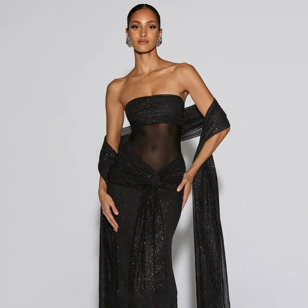 Townlike Slim Bodycon A-line Maxi Long Dress Women 2025 Summer Dress Ribbon Sparkle Glitter Nightclub Sexy Party Dresses
