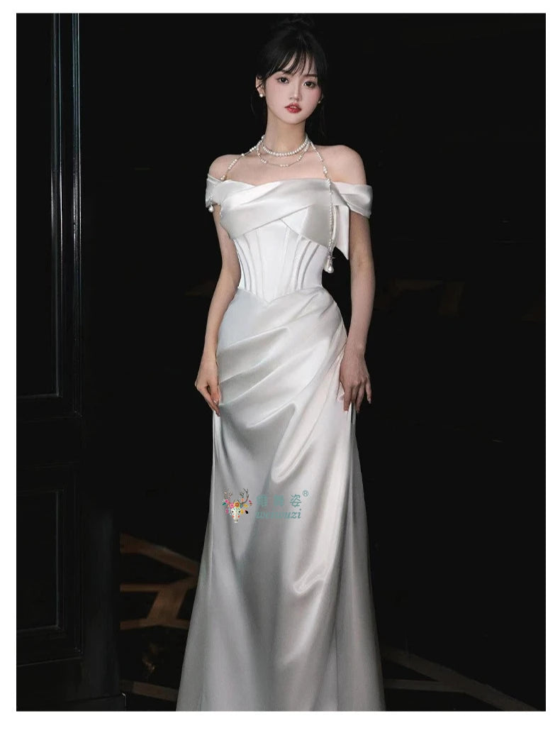 French Style Luxury Pleat Satin Strapless Light Wedding Bridal Dress Off-Shoulder Light Wedding Dress Birthday Party Prom Gowns