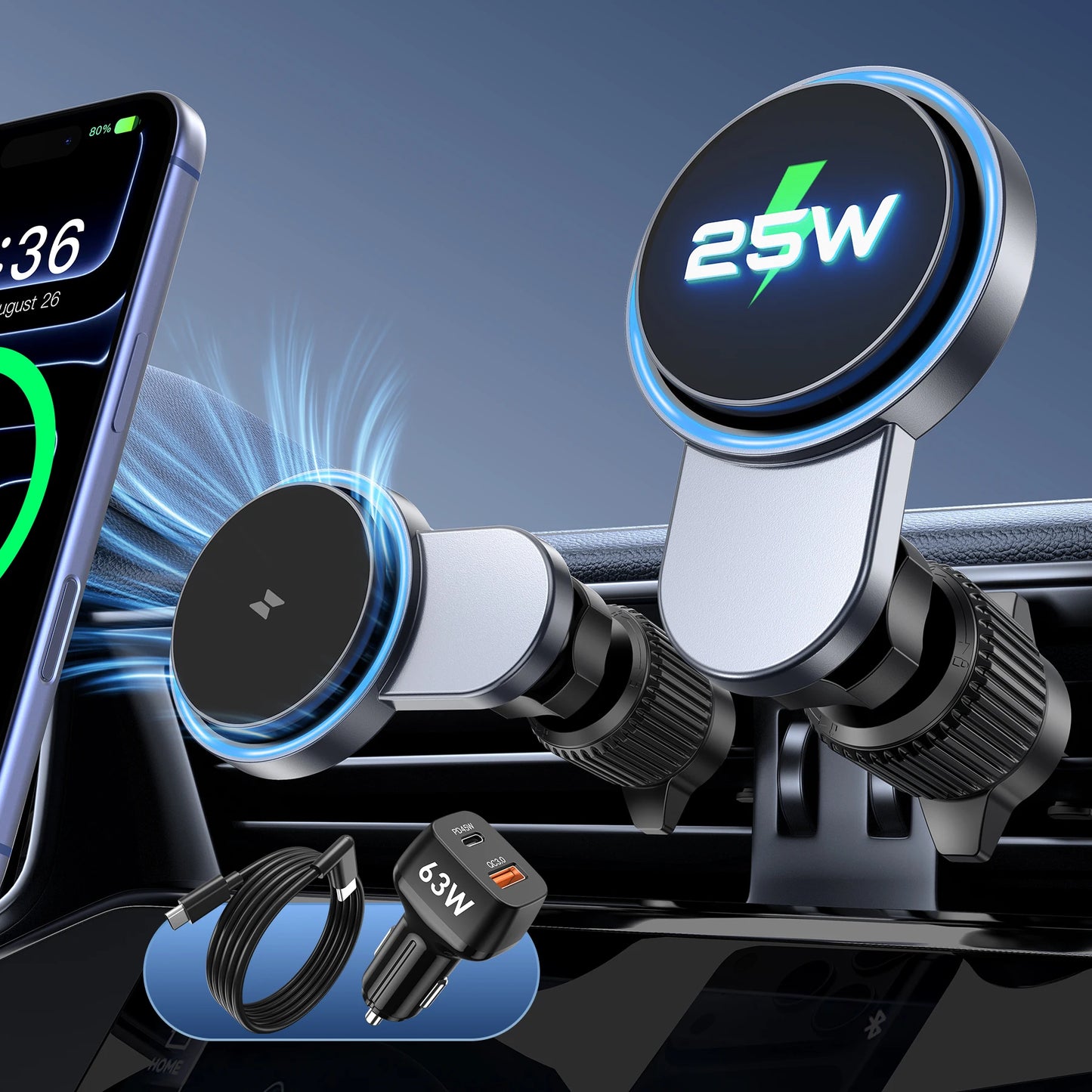 Qi2.2 25W Car Magnetic Wireless Charger Stand With Air-Cooling Fan For Magsafe iPhone17 16 15 14 13 12 Pro Max Fast Charging