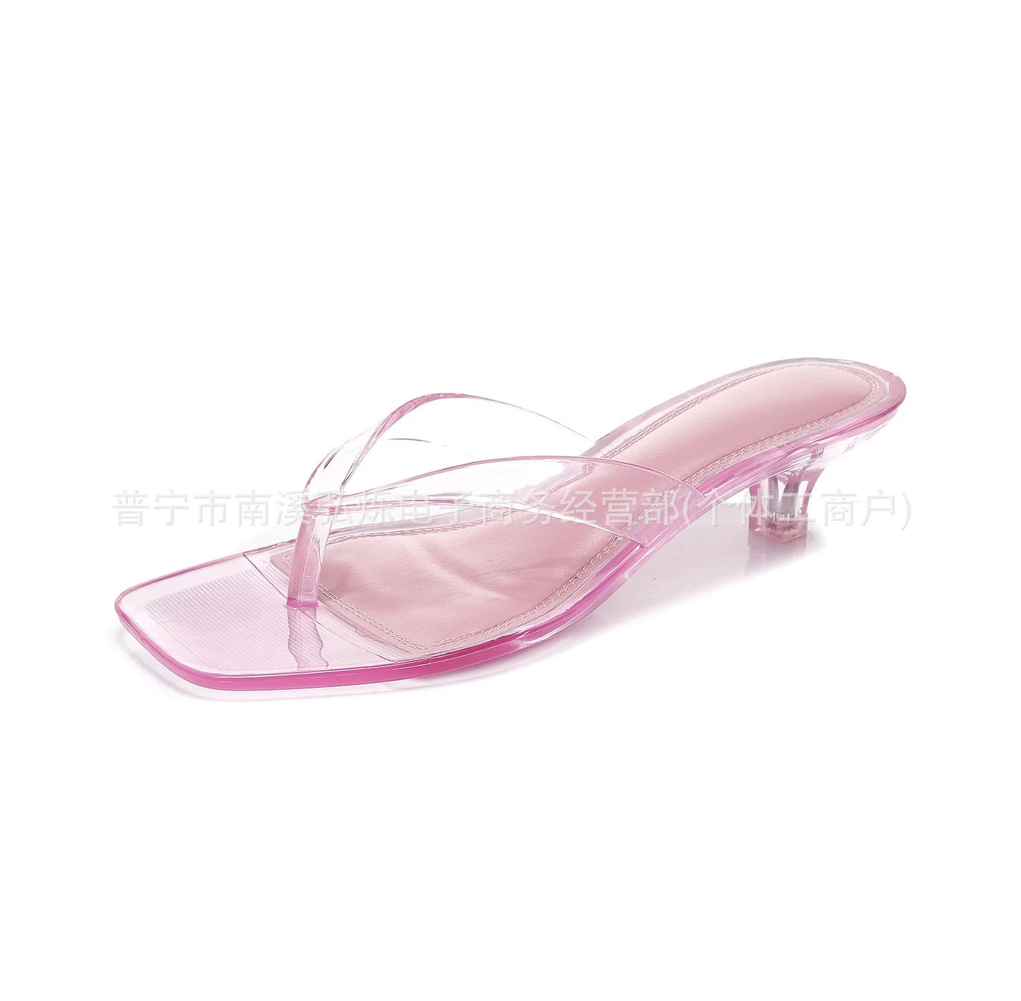 Vacation Elegant Kitten Heel Thong Sandals, Square Toe Clear Brown Jelly Flip Flops, Women Summer Comfortable Beach Party Shoes