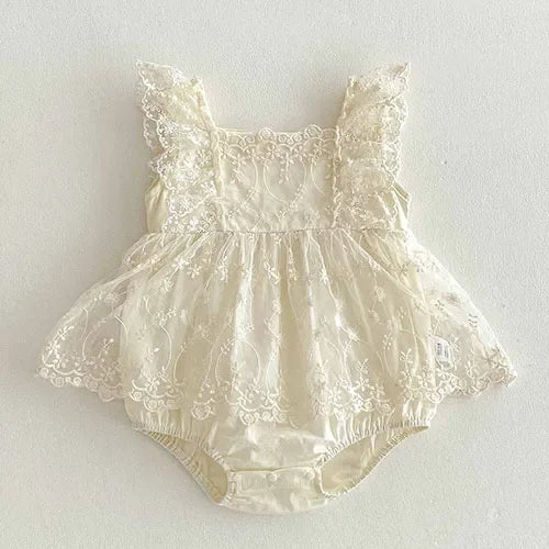 2025 New Summer Korean Style Climbing Suit Flying Sleeve Cotton Lace Splicing Toddler Baby Girls Jumpsuit 0-24M Baby Clothing