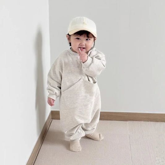 2025 Autumn New Baby Long Sleeve Romper Solid Infant Boy Girl Big Pocket Casual Jumpsuit Newborn Loose Cotton Clothes 0-24M