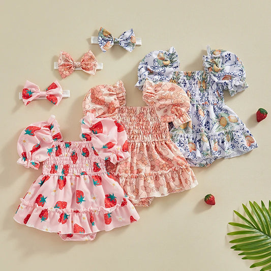 Summer Infant Baby Clothing Girls Rompers Dress Fruit/Flower Print Ruched Short Sleeve Jumpsuit Hairband For Newborn Clothes