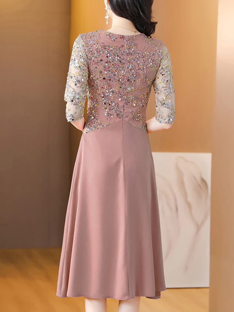 Summer New Sequins Luxury Chic Evening Wedding Dress 2024 Women's Elegant Bodycon Midi Dress Satin Vintage Casual Party Vestidos