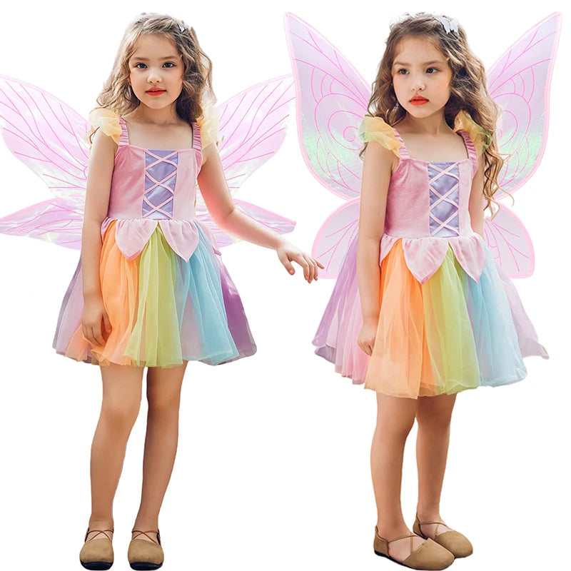 Cheap Top Quality Summer Fancy Baby Girl Fairy Rainbow Tutu Dress Halloween Cosplay Elf Princess Carnival Infant Party Ball Gown
