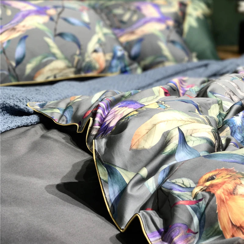 Egyptian Cotton Flower Bird Digital Printing Bedding Sets, Bed Linen Duvet Cover Set, Luxury Bed Sheets, Pillowcase, 600TC, 4Pcs