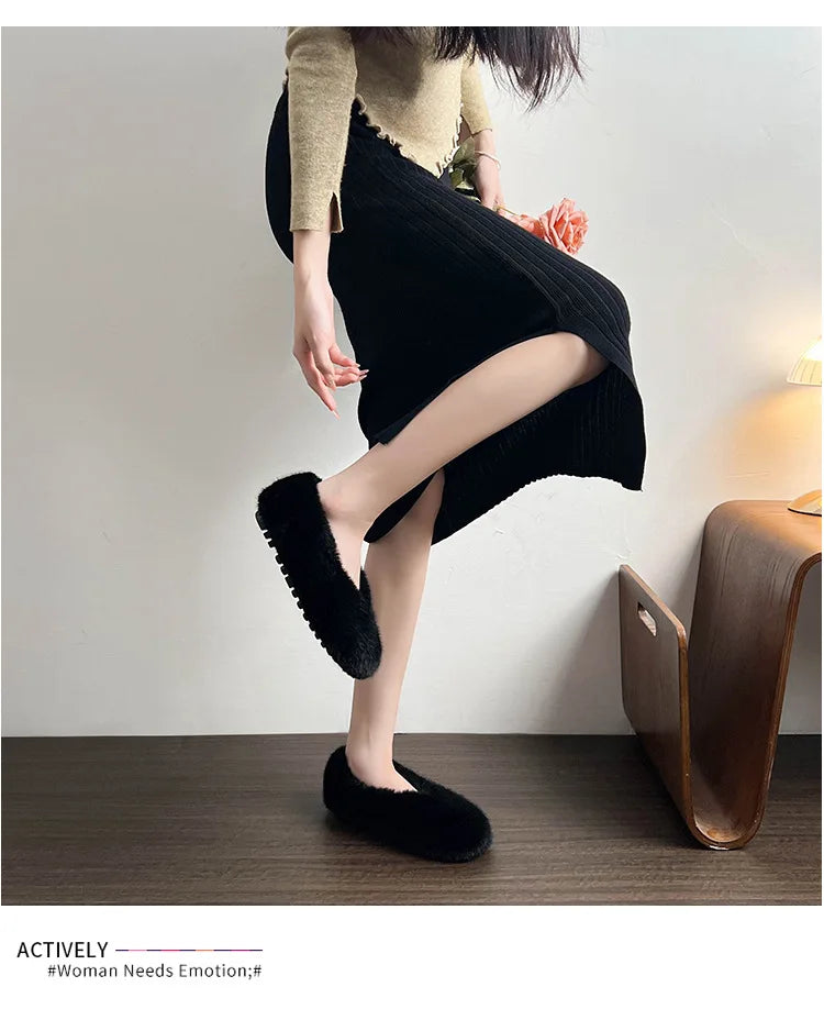 Women's Shoes 2025 New Style Warm Mink Wool Fleece Soft-soled Bean Shoes, Plus-size Women's Shoes43 Mom Shoes Luxury Shoes Women