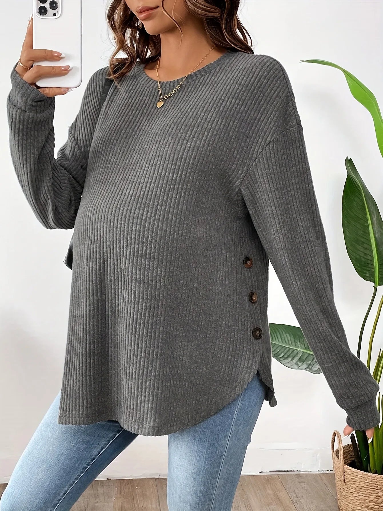 Pregnant Women's New Top For Autumn And Winter Casual Pullover Round Neck Long Sleeved Button Sweater