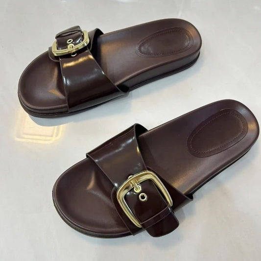 Summer Comfortable Moccasin Flat Sandals Women Sexy Open Toe Buckle Design Brand Beach Slippers Big Size Thick Bottom Slippers