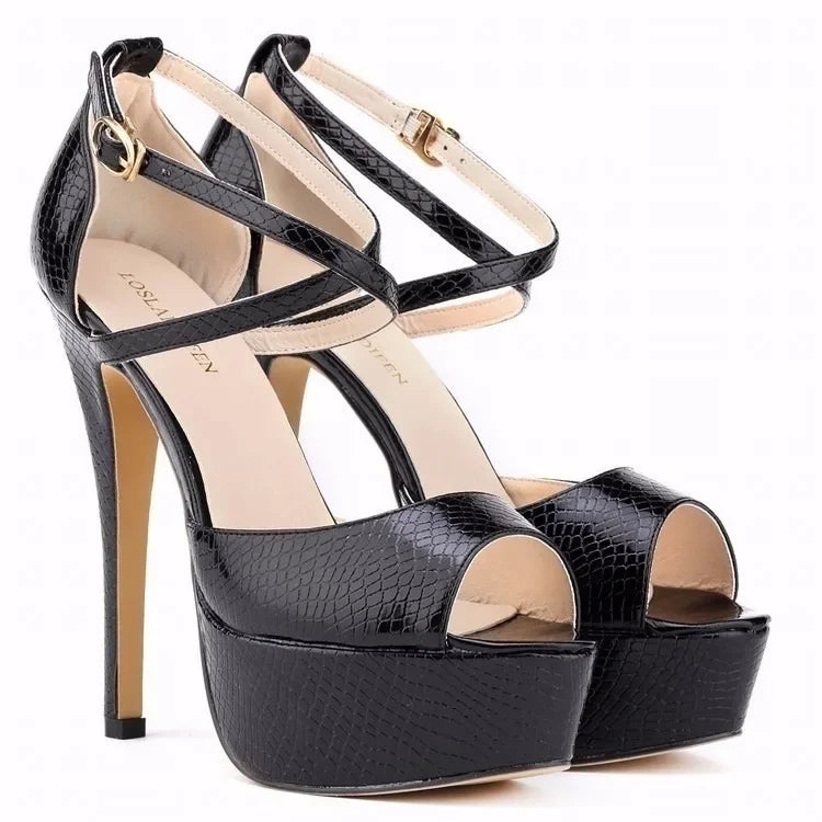 Women Sandals Stilettos Summer Sexy Peep Toe Leather Buckle Platform Pumps 14cm Extremely High Heels Party Dress Wedding Shoes