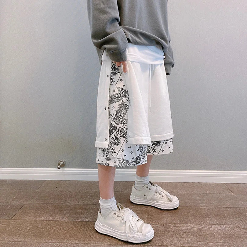 Men's Faux 2 Layer Breasted Bandana Shorts Spring Summer High Street Pants Oversize Paisley Harajuku Hip Hop Trousers 2025 Z1