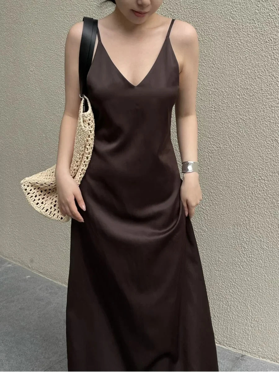2025 New Elegant women's fashion silk satin texture MIDI dress sexy backless party slip dress