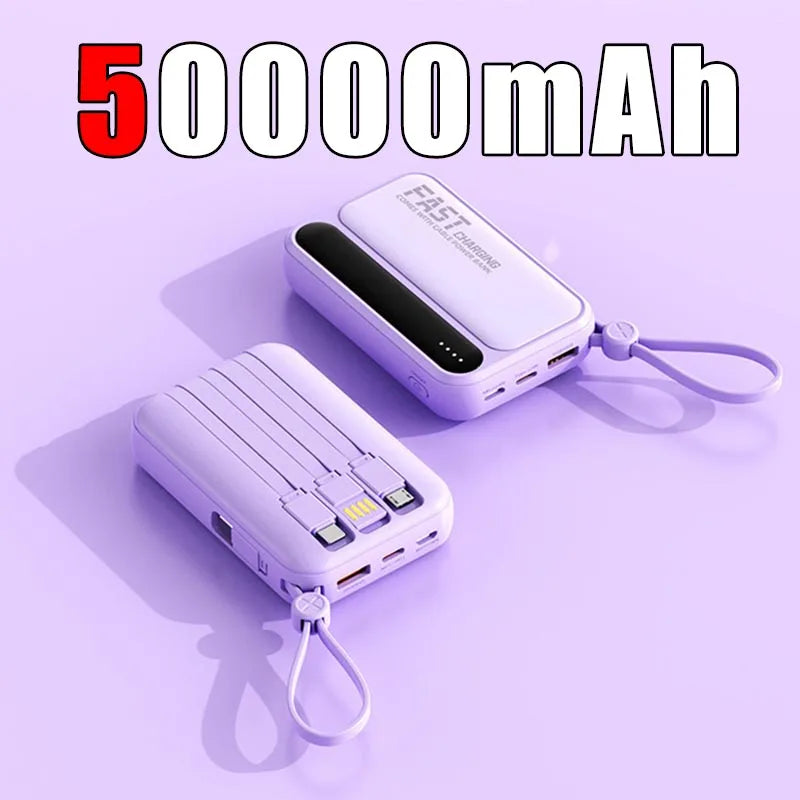 Lenovo 50000mAh Large Capacity Power Bank 4 In1 Built in Cables Intelligent Digital Display Light Fast Charging For IPhone