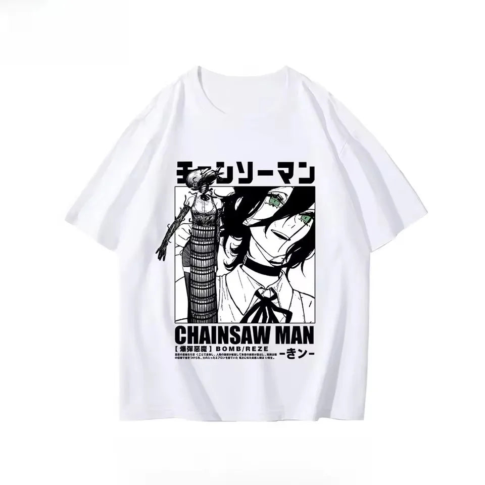 Cartoon Chainsaw Man Reze T Shirt Devil Reze Merchandise Short Sleeve Anime Japanese Style Black T-shirt Clothing