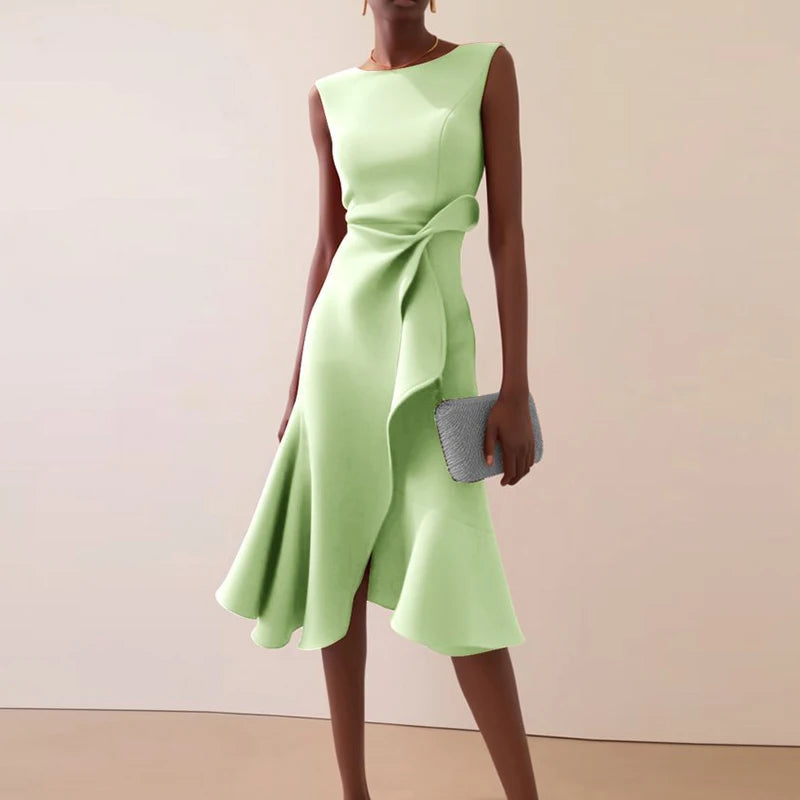 Sexy Women Elegant O Neck Solid Commute Knot Slim Ruffled Irregular Summer Sleeveless A-Line Hight Split Wedding Party Dresses