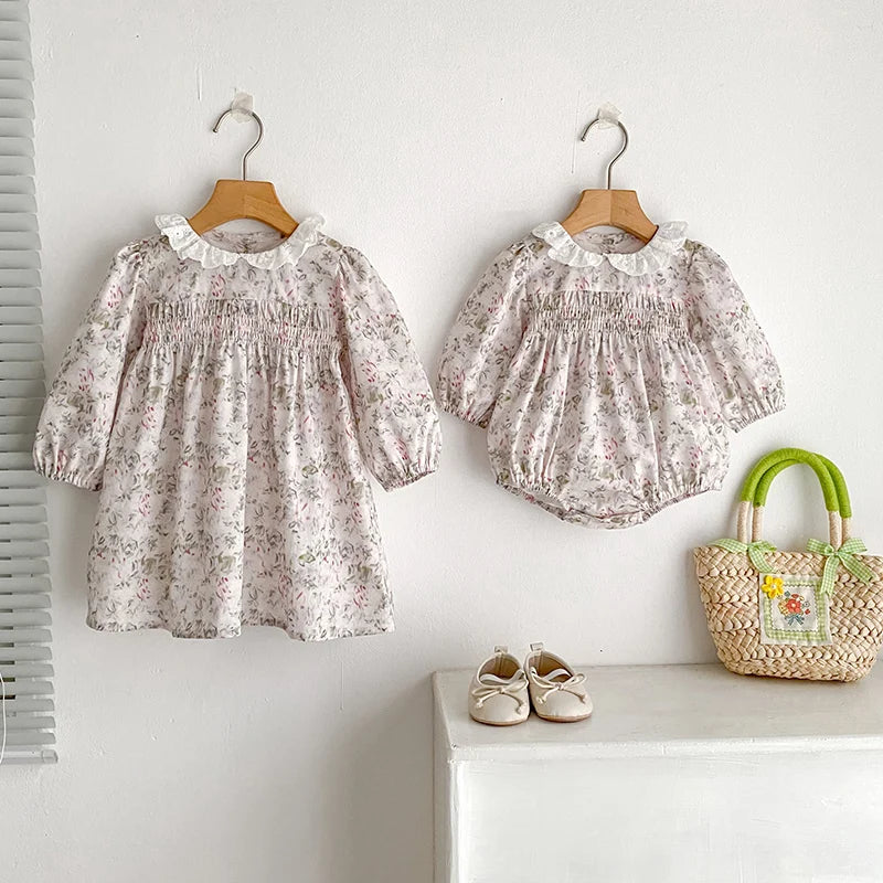 0-6Y Family Sister Matching Flower Dress Newborn Baby Girl Jumpsuit Sisters Clothes Princes Cotton Baby Dress Autumn Baby Dress