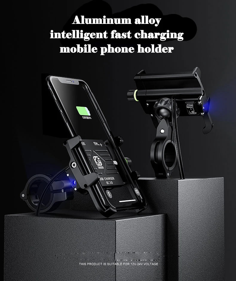Whole Aluminium 12-24V Motorcycle Phone Holder USB Charger QC3.0 Fast Charging Mount Bicycle Handlebar Bracket for iPhone Huawei
