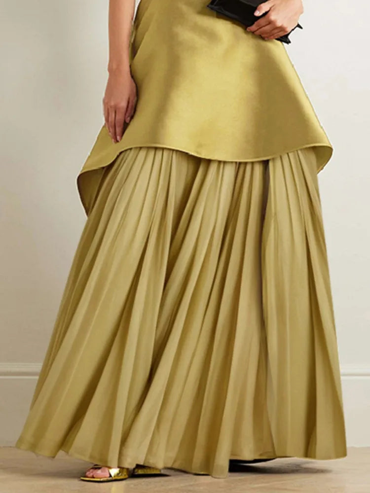 Women's Gold Elegant Evening Dress Round Neck Sleeveless High Waist Pleated A-line Party Dresses Floor Length Wedding Dress