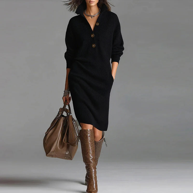 Autumn Winter Long Sleeve Knitted Dresses For Women Fashion Button Design Long Sleeve Lady Office Dress Women Elegan Party Dress