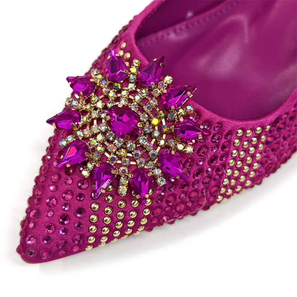 2024 New Designer Specials Italian Women Heels Shoes and Bag Set Royal Purple Color Comfortable With Rhinestone for Party