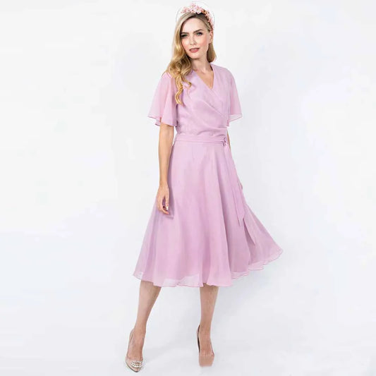 Chic Wedding Guest Woman Dresses Organza A-line Bridal Dress Pink V-neck Sashes Ruched Groom's Mother Dresses Midi 2025