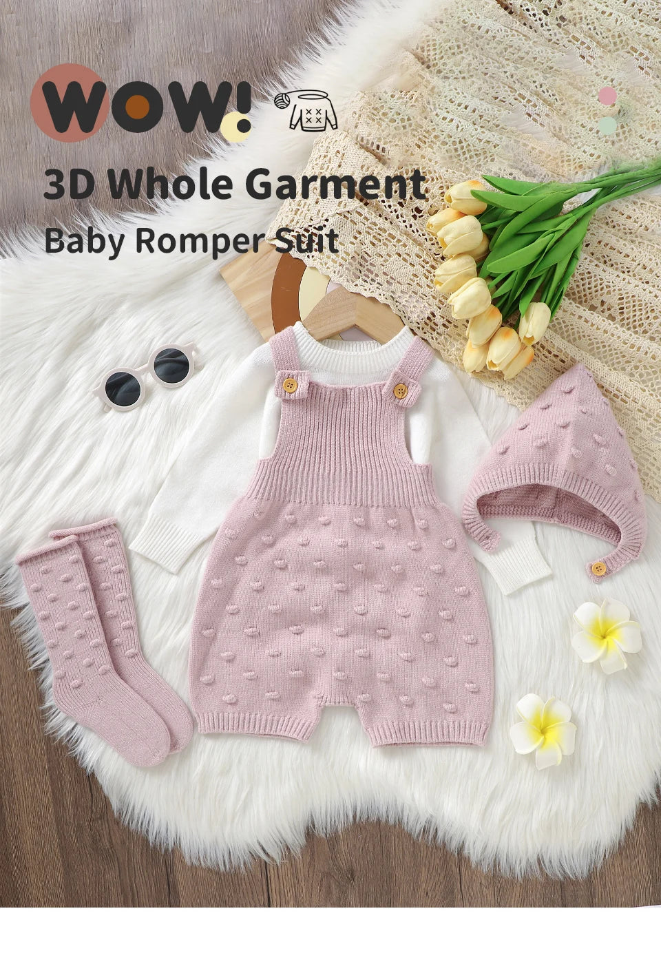 3pcs/Set Baby Clothes Solid Dots Crocheted Newborn Infant Girls Sleeveless Knitted Rompers Hats Socks Outfits 0-18m Infant Suits
