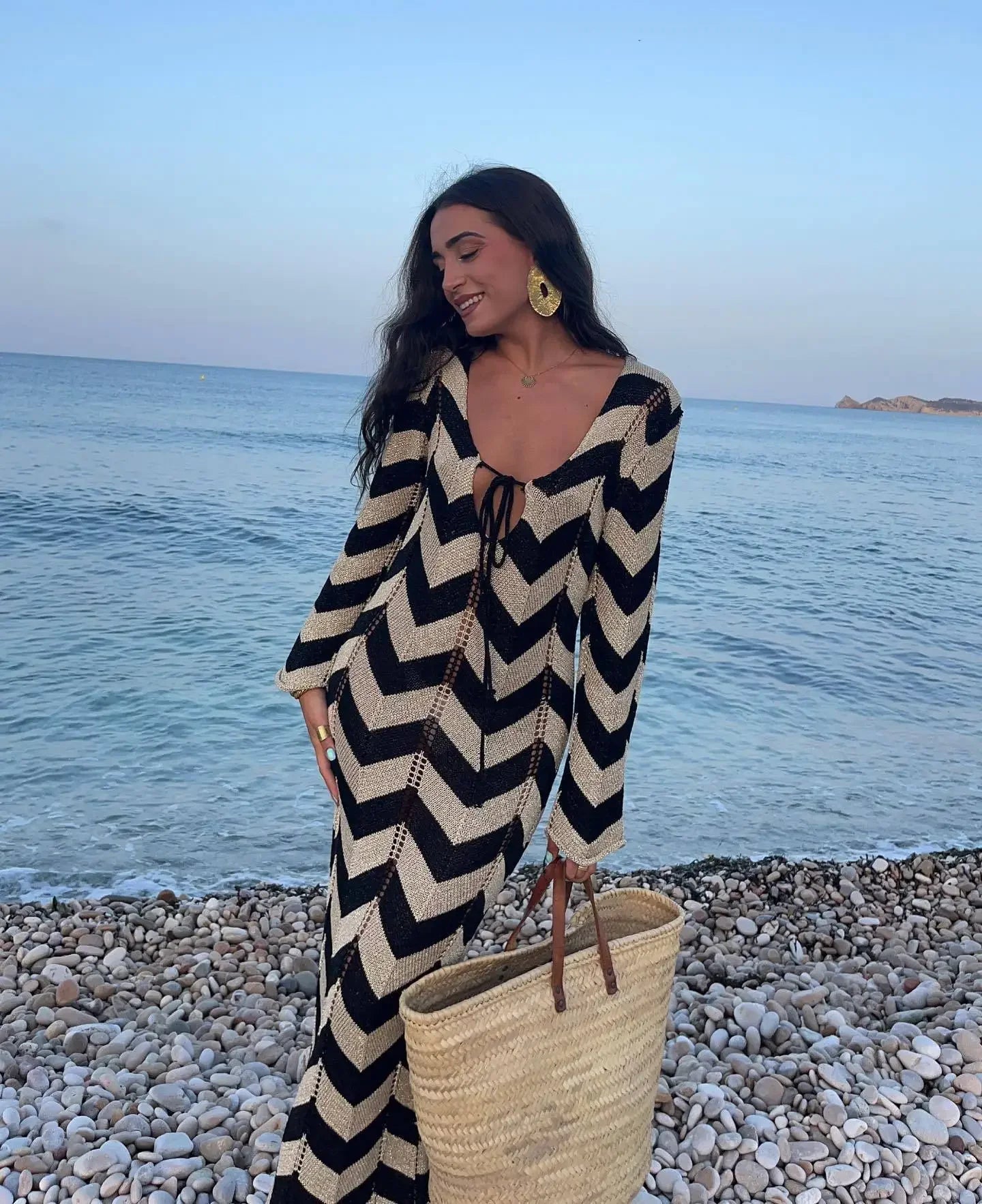 2025 Women's  Stripled Long Sleeve Slim Elegant Knitted Maxi Dress V Neck Autumn New Lace Up Hollow Sexy Beach Cover Up Dress