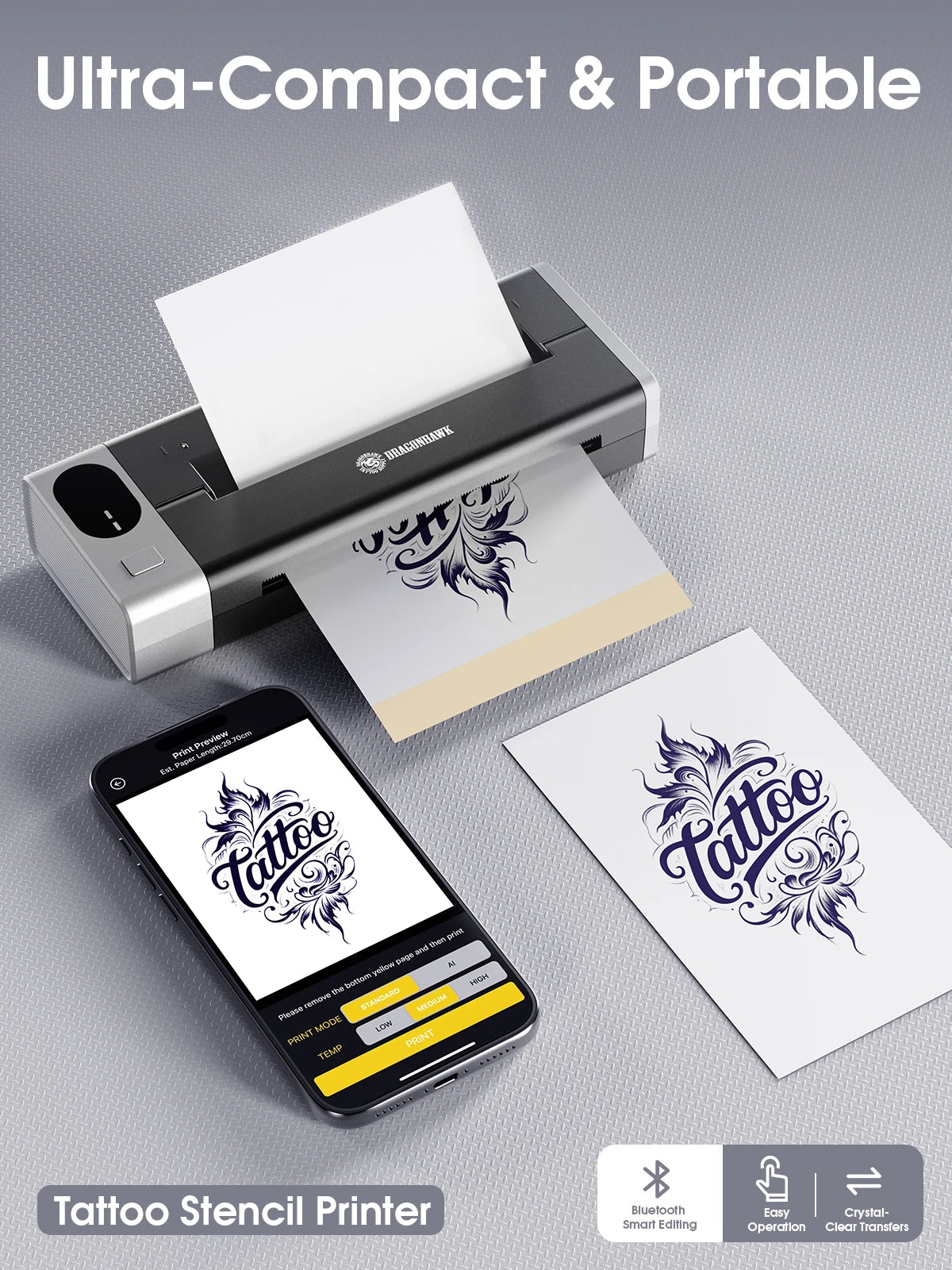 Dragonhawk Tattoo Kit Full Set with Bluetooth Thermal Tattoo Transfer Printer Wireless RCA Battery Rotary Pen for Beginners