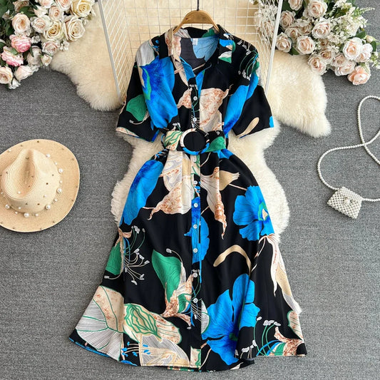 2024 New Summer Women Dress Fashion Print Floral A-line Shirt Dress with Belt Elegant Vintage Off Lady Dress Casual Vestidos