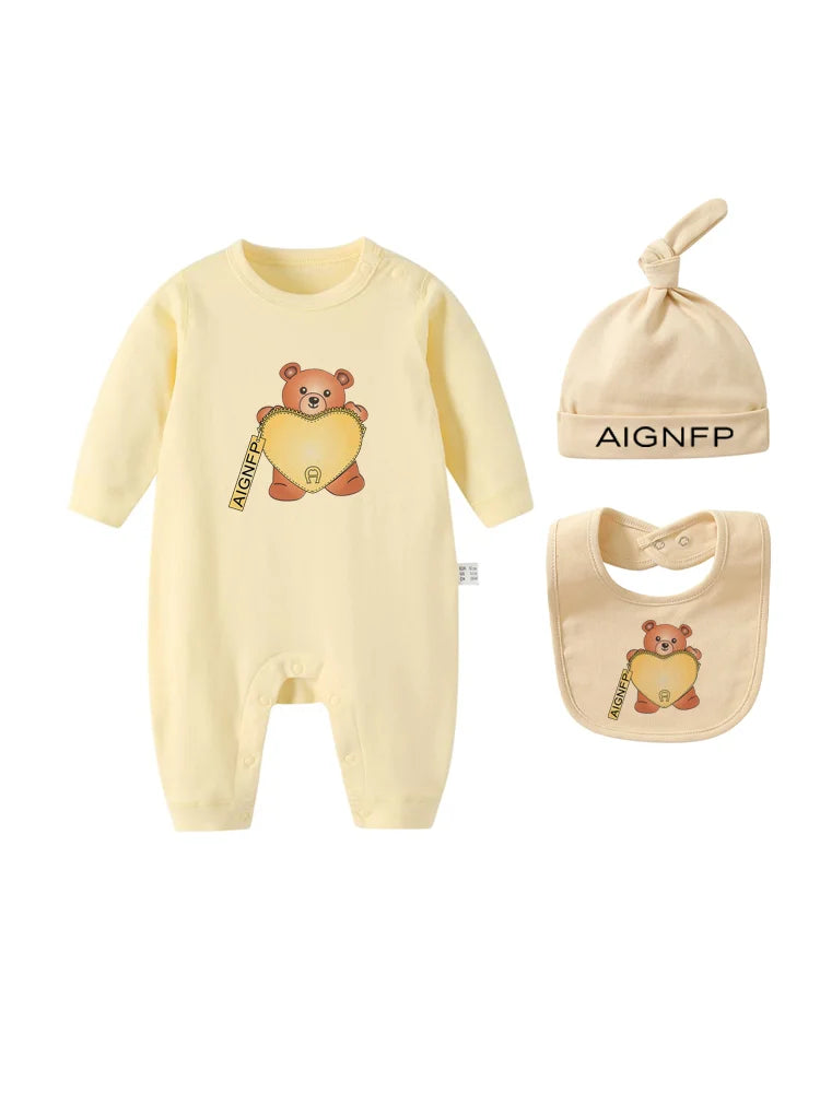 Cute Bear Jumpsuit Newborns Autumn Clothes 2025 Hot Sale New Soft Bib scarf Hat Toddler Romper Sets Baby Long sleeves Bodysuits