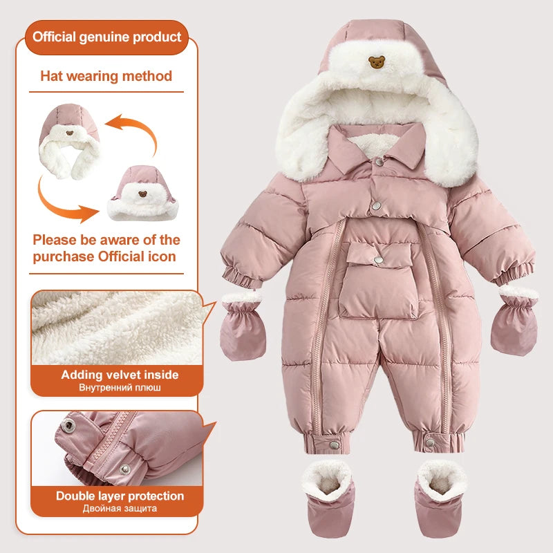 Ircomll Winter Baby Jumpsuit Thick Warm Infant Hooded Inside Fleece Jacket Newborn Boy Girl Coat Overalls Cotton Down Jacket
