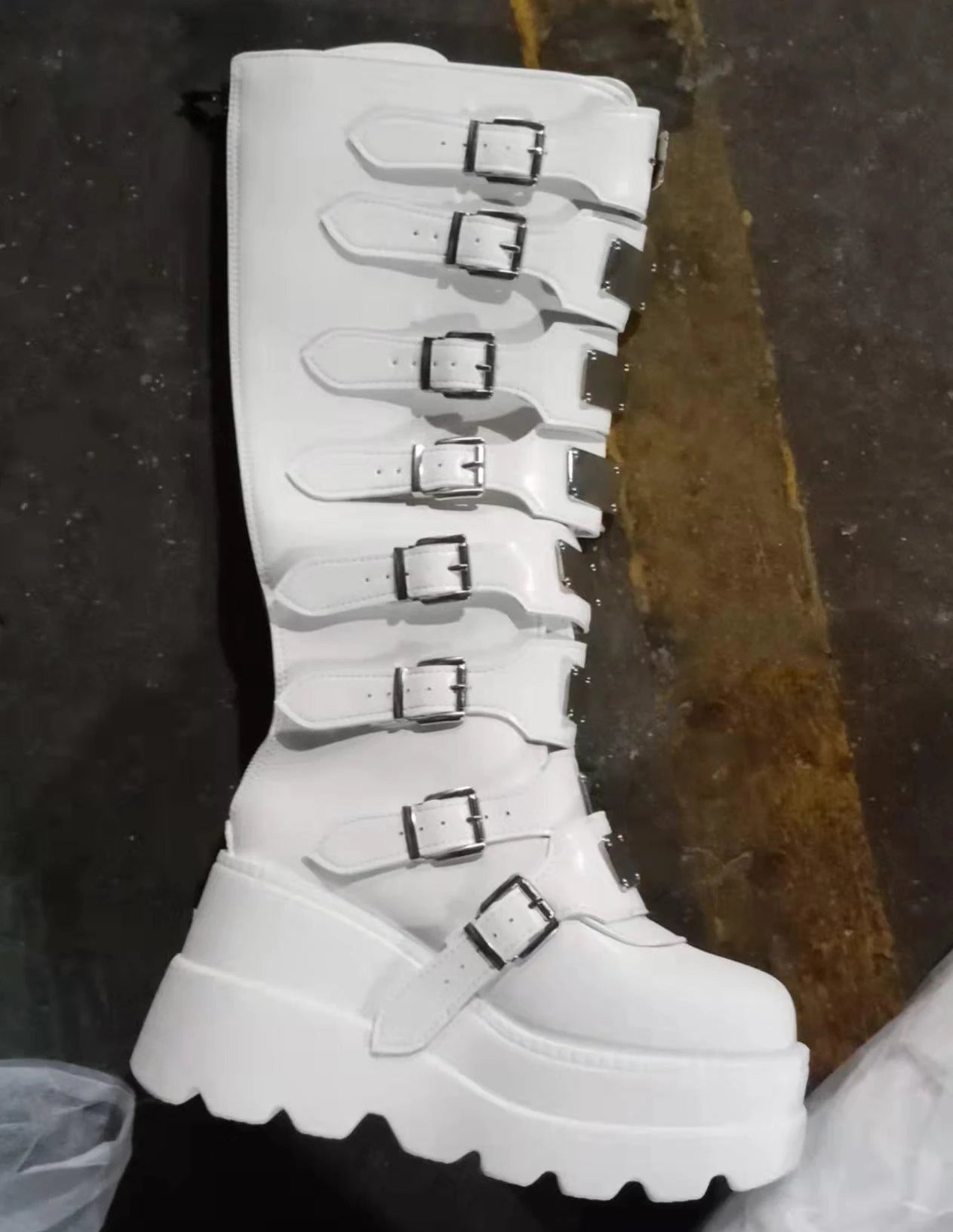 Flat Platform Zipper Women's Rubber Shoes Women Round Toe Knee High Boots Punk Motorcycles Boots Cosplay Cool Girls