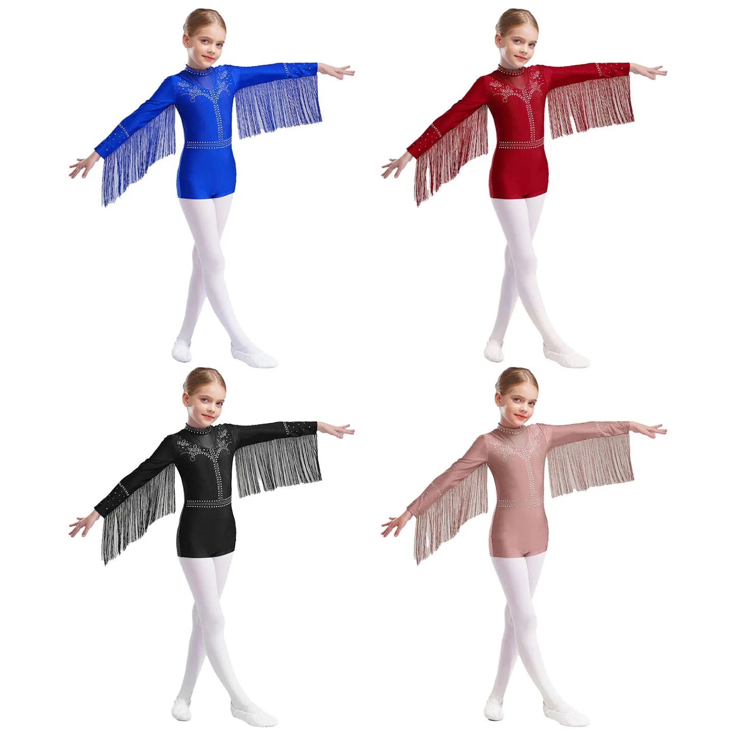 Girls Leotards Jumpsuit for Jazz Latin Skating Competition Costume Tassels Long Sleeve Rhinestones Bodysuit Modern Dancewear