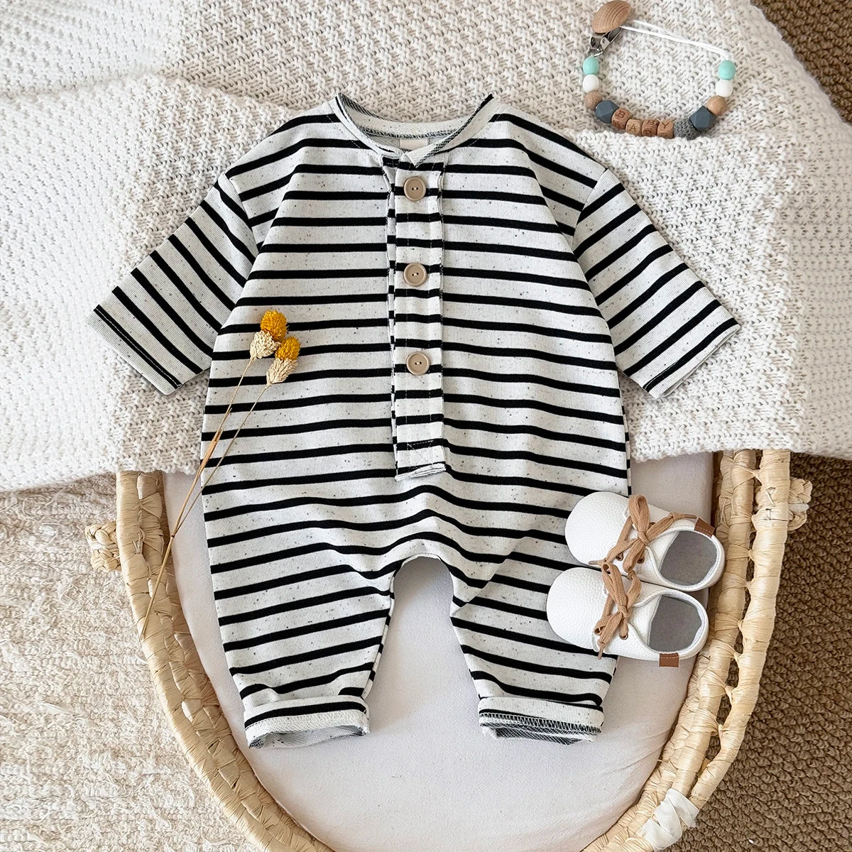 2025 Spring and Autumn New Baby Clothing Striped Cartoon Print Jumpsuit Newborn Baby Romper Pants Babies Aged 0-3Years Kids