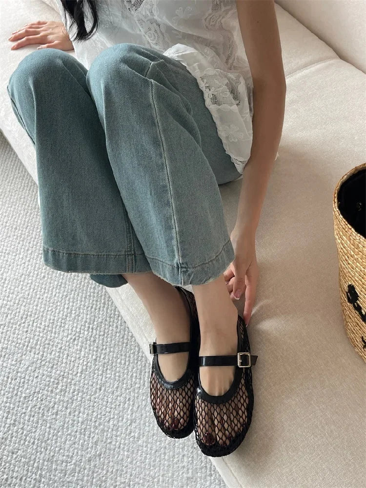 Aneikeh BIG Size 35-43 Jelly Color Fishing Ballet Dance Women's Mesh Buckle Flat Hollow Out Retro Mary Jane Shoes