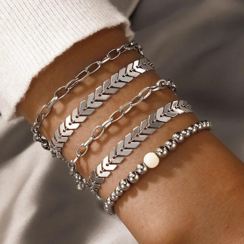 6pcs/sets Trendy Ins Flower Tassel Round Bead Bracelets for Women Charm Leaf Geometric Shape Adjustable Bracelet Jewelry Gift