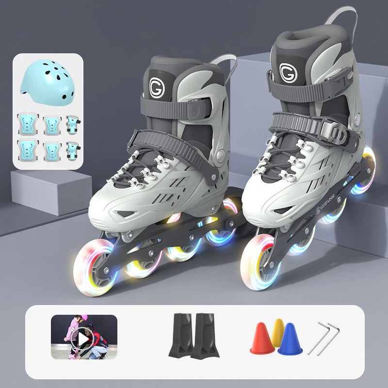 4 Wheels Flashing Inline Skates with Full Protective Gear Set Helmet Knee Pads Elbow Pads Carry Bag Adjustable Size for Boy Girl