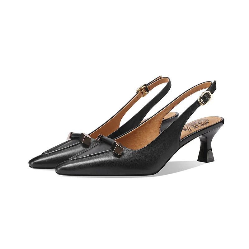 【JOCHEBED HU】Summer Brand Genuine Leather Mid Heels Women Sandals Fashion Slingback Pumps Office Lady Shoes 33-43