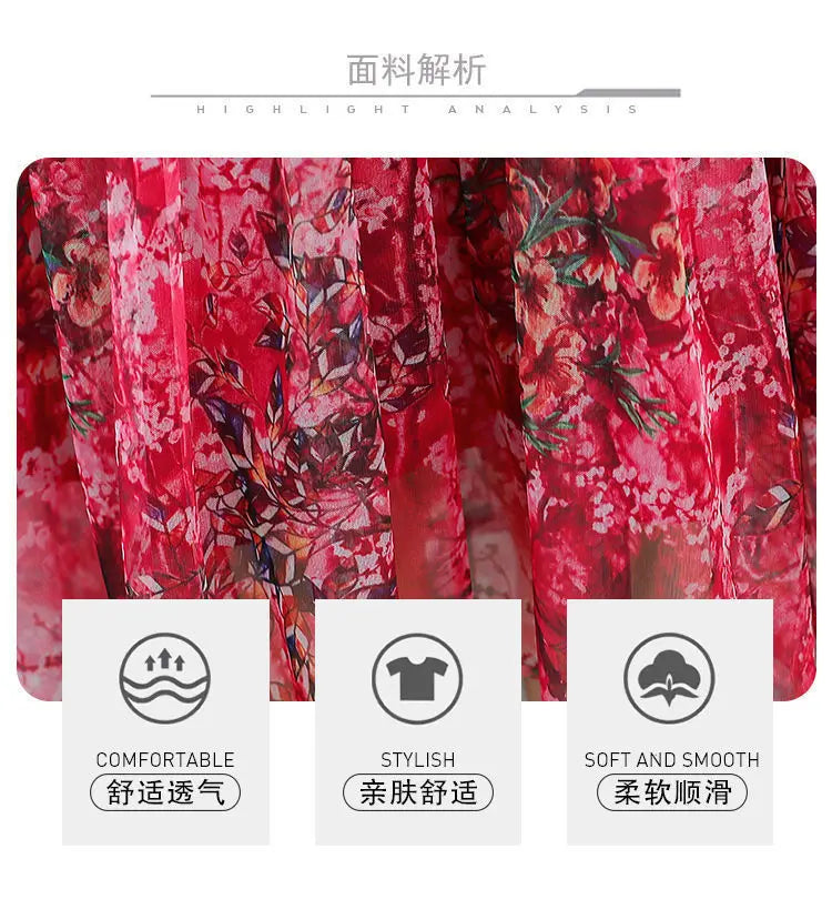 Summer New Casual Half Sleeve Midi Dress Vintage Printed Women's Clothing Ruffles Spliced Stylish Drawstring Loose Gauze Dresses