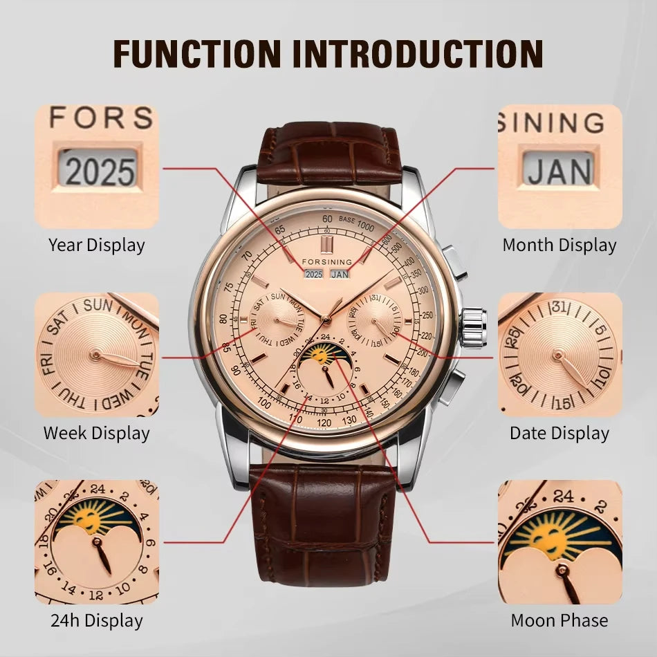 Forsining Retro Mechancial Watches Moon Phase Shanghai Movement Rose Gold Case Brown Leather Strap Luxury Automatic Mens Watch