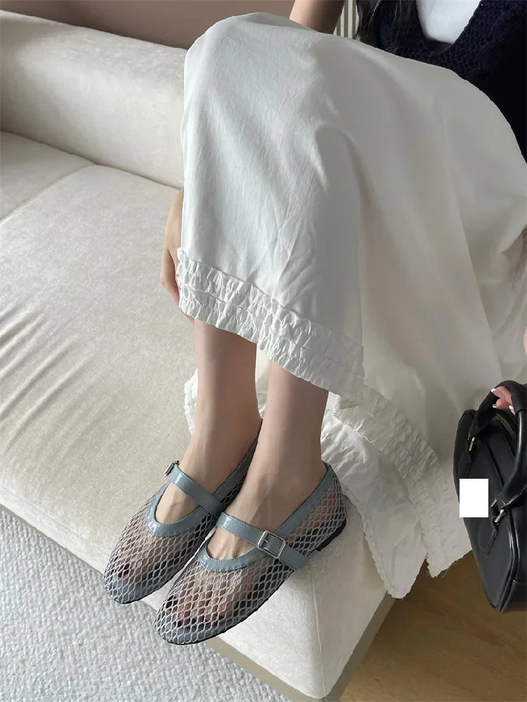 Aneikeh BIG Size 35-43 Jelly Color Fishing Ballet Dance Women's Mesh Buckle Flat Hollow Out Retro Mary Jane Shoes