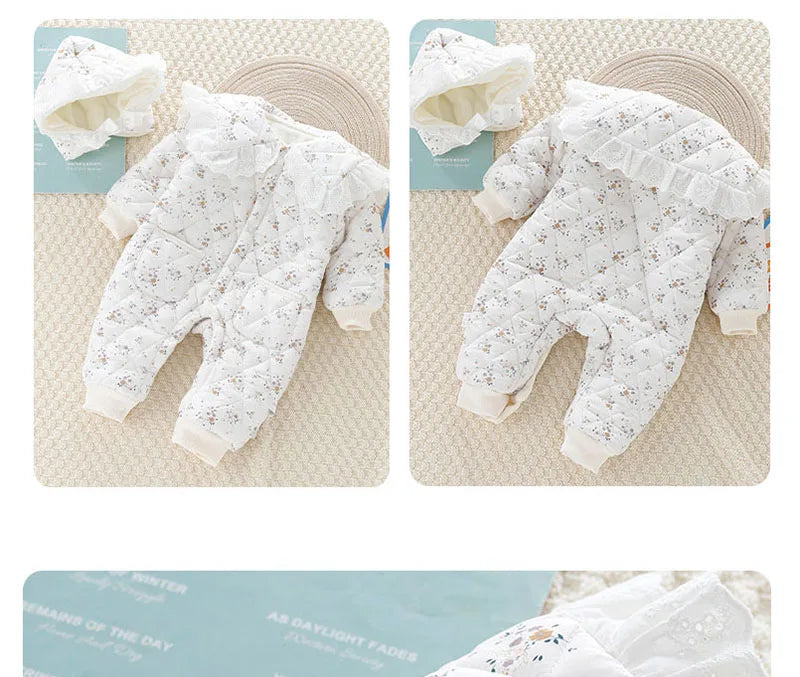2PCS Set Baby Cute Floral Rompers Infant Diamond Flower Fleece Padded Jumpsuit with Hat 0-2T Toddler Thicken Outwear Clothes